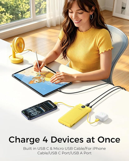 VEGER Portable Charger Power Bank with Built-in AC Plug and Cables, All in One 10000mAh Ultra Slim Travel Essentials, Fast Charging Battery Pack Compatible with iPhone, Samsung, Android, Yellow