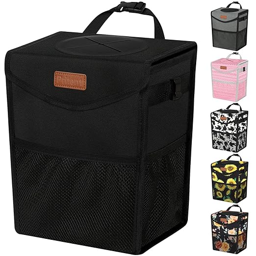 Pritent Car Trash Can with Lid, Cute Leakproof Car Trash Garbage Bag Hanging Vehicle Trash Bin Small Portable Automotive Garbage Cans Organizer for Back/Front Seat(4 Gallons,Black)