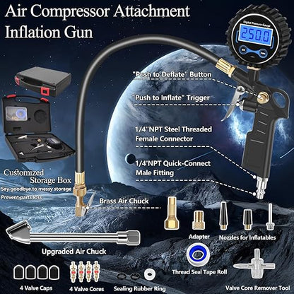 Digital Tire Pressure Gauge with Inflator 250 PSI, Heavy Duty 360° Air Chuck Air Compressor Attachments, Improved Leaks Protection & Extended Hose Tire Gauge, 0.1 Display Resolution, with Storage Box