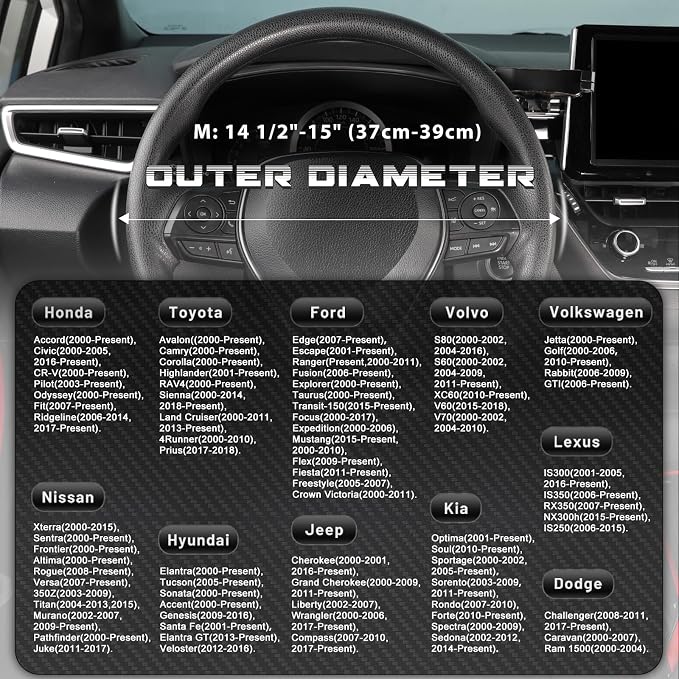SEG Direct Car Steering Wheel Cover Standard Medium Size 14 1/2-15 inch, Non-Folding Packaging, Heavy Duty, Non-Slip, Black Microfiber Leather with Carbon Fiber Pattern