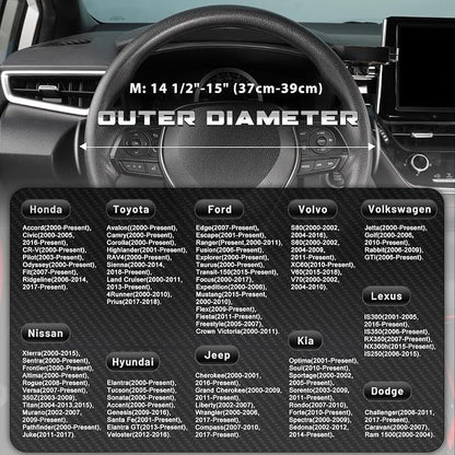 SEG Direct Car Steering Wheel Cover Standard Medium Size 14 1/2-15 inch, Non-Folding Packaging, Heavy Duty, Non-Slip, Black Microfiber Leather with Carbon Fiber Pattern