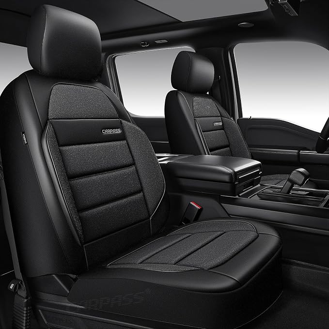 CAR PASS Memory Foam Seat Covers Front, Airy Cool Mesh Thick Car Seat Covers, Leather Car Seat Covers Front Seats Airbag Compatible, Universal Automotive Comfort for Cars, Trucks, SUV, Charcoal Gray