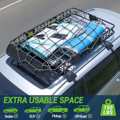 Season Guard Roof Rack Cargo Carrier Basket, 64" x 39" x 4" Heavy Duty Steel Rooftop Luggage Rack with Extension & Wind Fairing, Universal Car Top Storage for SUV, Truck, Jeep, Van, Camping Travel
