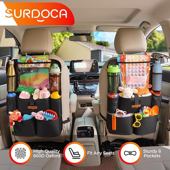 SURDOCA Car Organizers and Storage with 11-inch Touch Screen Tablet Holder, Backseat Car Organizer with 8 Pockets, Car Seat Protector Road Trip Essentials for Kids