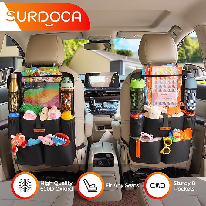 SURDOCA Upgraded Car Organizer with 11-inch Tablet Holder, 8 Pockets, Car Seat Protector for Road Trips - Car Storage and Organizers for Kids