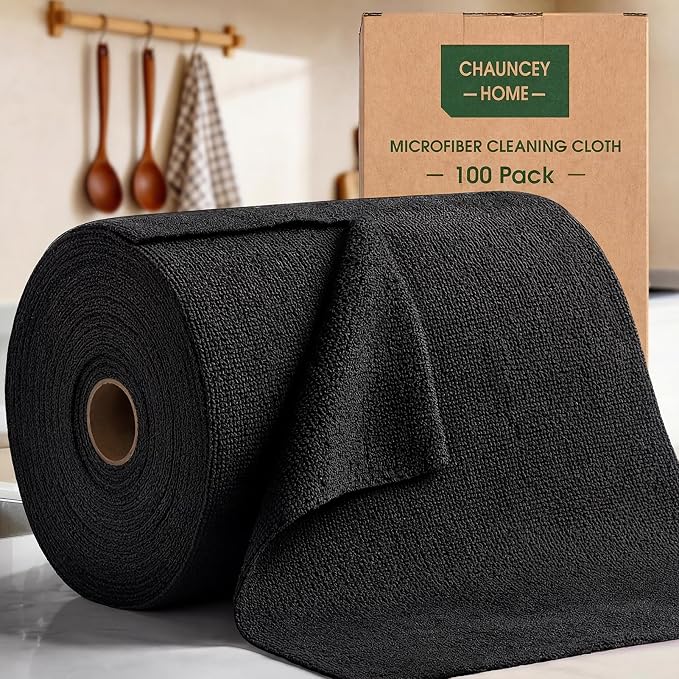 Microfiber Cleaning Cloth Roll - 100 Pack Tear Away Microfiber Paper Towels, Reusable, Washable, Scratch-Free, Kitchen Towels for Car, Home, Kitchen, Glass, Dishes (Black)