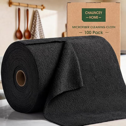 Microfiber Cleaning Cloth Roll - 100 Pack Tear Away Microfiber Paper Towels, Reusable, Washable, Scratch-Free, Kitchen Towels for Car, Home, Kitchen, Glass, Dishes (Black)