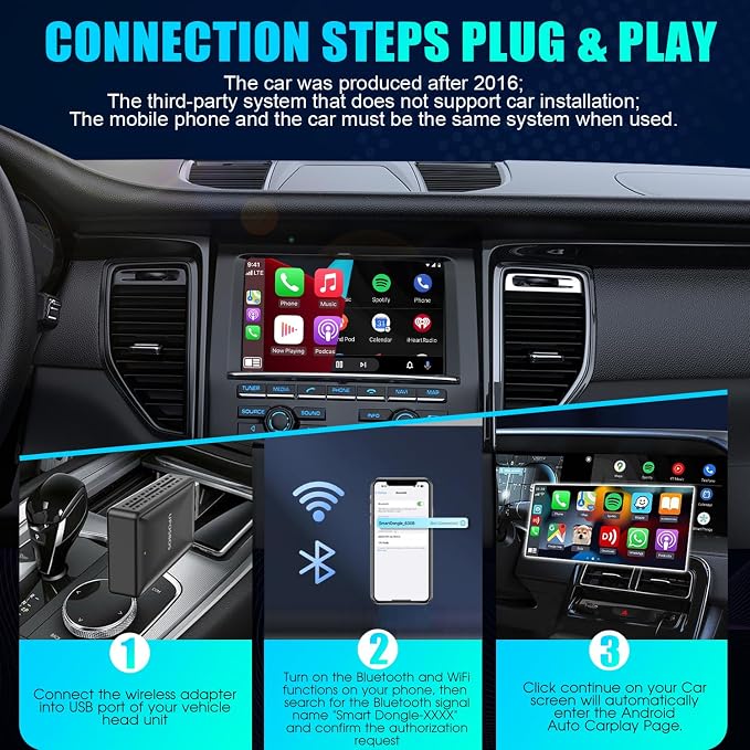 2 in 1 Wireless CarPlay Adapter for Apple iPhone & Android Auto Wireless Adapter Play and Plug Wired to Wireless Carplay/Android Auto Dongle for OEM Cars from 2016 Fast Connect No Latency(Black)