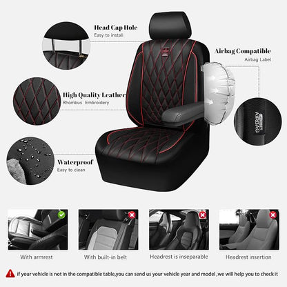 CAR PASS Piping Luxury Leather Seat Covers Full Set,5 Seats Anti-Slip Waterproof Seat Covers Compatible with Front Armrests,Universal Fit for Sendan SUV Van Truck,Airbag Compatible,Black and Red