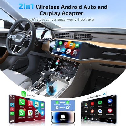 ByteWave Wireless Android Auto & CarPlay Adapter 2-in-1 Converts Wired to Wireless 2025 Upgraded, Plug-and-Play Dongle with Low Latency, Connect for iOS10+/Android 11+ Cars