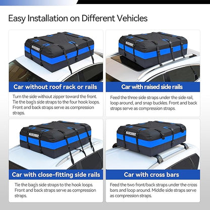 MARCHWAY Waterproof Car Roof Luggage Bag, Weatherproof Soft Shell Rooftop Cargo Carrier Bag for Vehicles with or Without Rack. 6 Door Hooks, Anti Slip Mat, Lock Included (21 Cubic Feet, Blue)