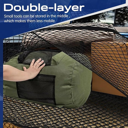 Double Layer Cargo Net for Truck Bed - for SUV/Truck/Pickup, 4'x4' Stretches to 7'x7' Highly Elastic Cargo Net - Trunk Organizer with 8 Hooks & Anti-Slip Clips - Universal Vehicle Storage Net