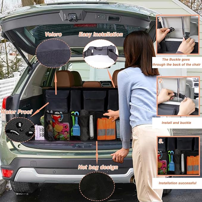 Car Trunk Organizer Large Capacity Back Seat Car Organizer with 8 Pockets Collapsible Car Storage Bag for SUV, Truck, MPV 42.5"*20" - Car Accessories Black