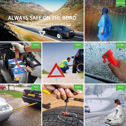 STDY Car Roadside Emergency Kit, Vehicle Truck Safety Road Side Assistance Kits Auto Accessory, with Jumper Cables, Portable Air Compressor, etc