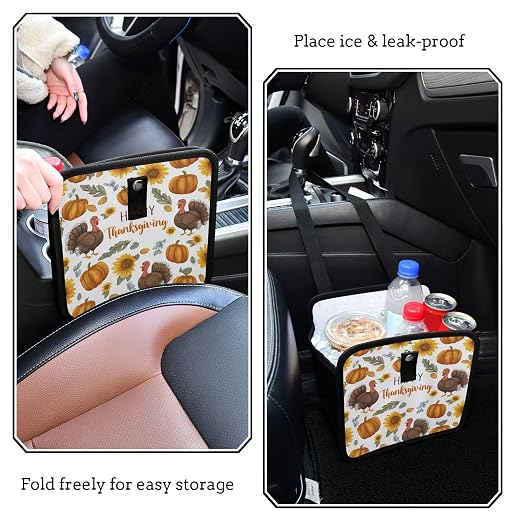 Car Trash Can Organizer Bin with Adjustable Strap for Back Front Seat Console Waterproof Leakproof Collapsible Portable 8.66 Inch Thanksgiving Turkeys Sunflowers White