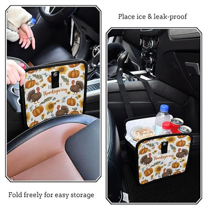 Car Trash Can Organizer Bin with Adjustable Strap for Back Front Seat Console Waterproof Leakproof Collapsible Portable 8.66 Inch Thanksgiving Turkeys Sunflowers White