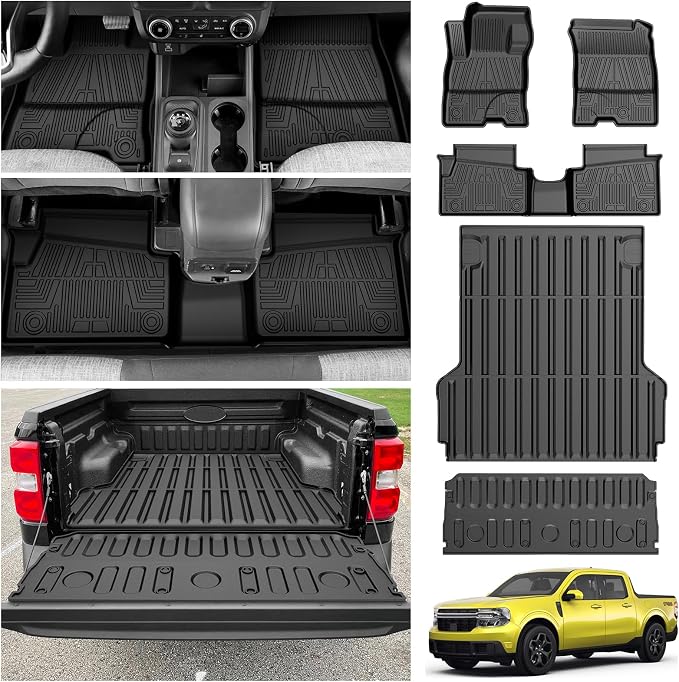 KUST Floor Mats Truck Bed Mat for 2022-2025 2026 Ford Maverick Accessories (Hybrid Only), All Weather Floor Liners & 4.5FT Bed Liner & Tailgate Mat, Full Set Truck Mats TPE Rubber, Raised Edge