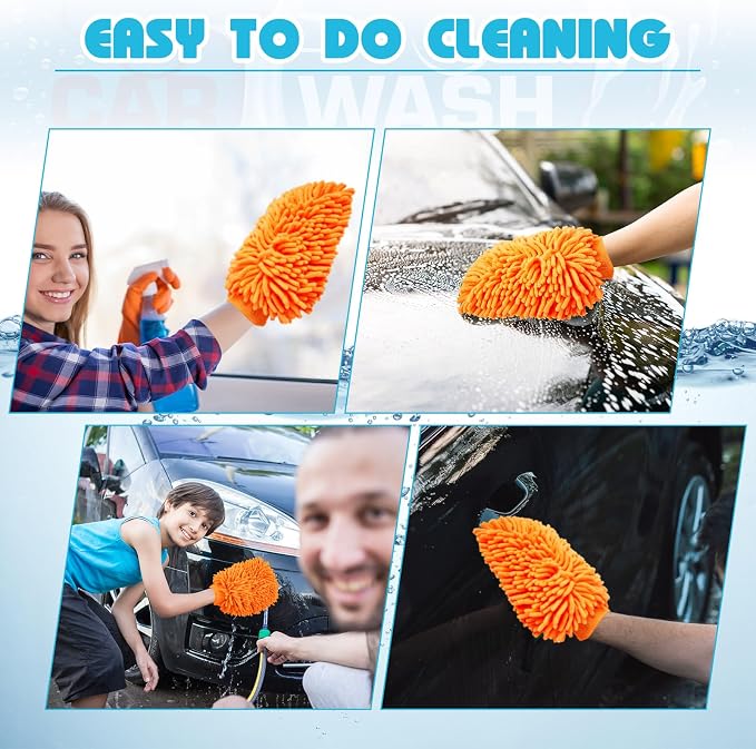 Toulite 16 Pcs Car Wash Mitt Chenille Microfiber Wash Mitt Double Sided Glove Cleaning Drying Mitts (7.48 x 10.24 Inch,Orange)