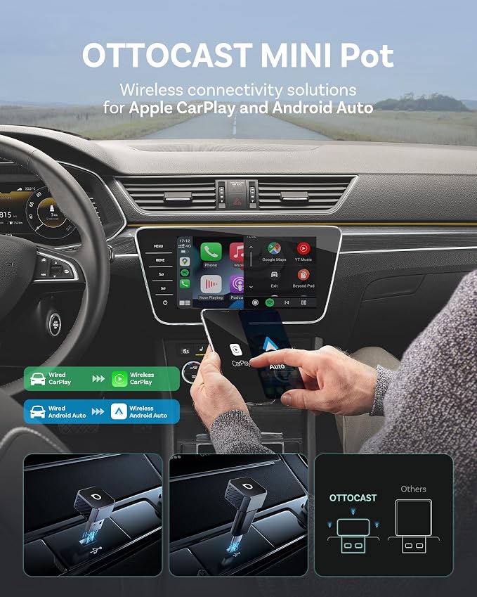 OTTOCAST Mini 3.0 (Pot) 2025 2-in-1 Wireless CarPlay/Android Auto Adapter, 5GHz WiFi, Auto Connect for 2016+ Cars