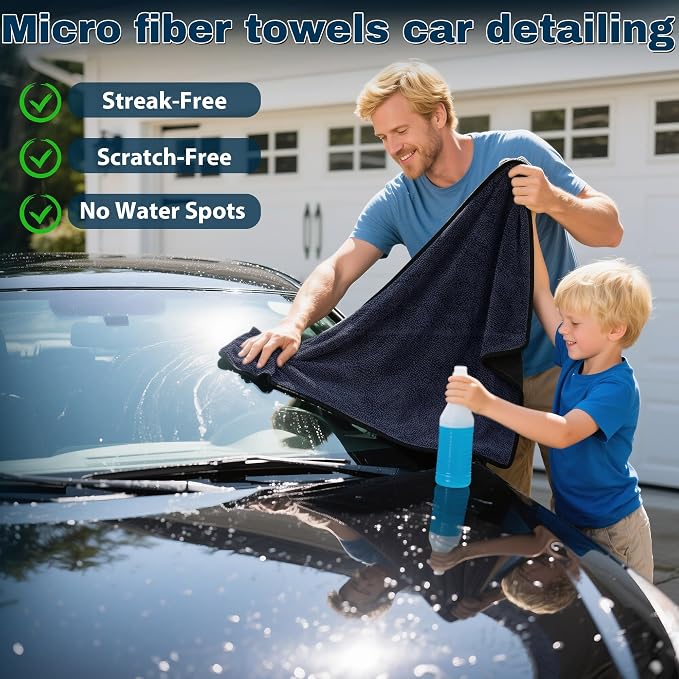 Aidoclip 4PCS Car Drying Towel Microfiber Detailing Kit - 36x24 in Car Towels Cleaning Supplies, Reusable Shammy Quick Dry Cloth for Carwash, for Auto, Boat, RV, Garage & Home (Black)