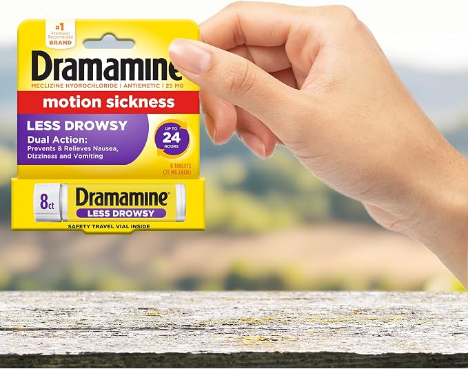 Dramamine Motion Sickness Less Drowsy, Travel Vial, Multicolor, 8 Count