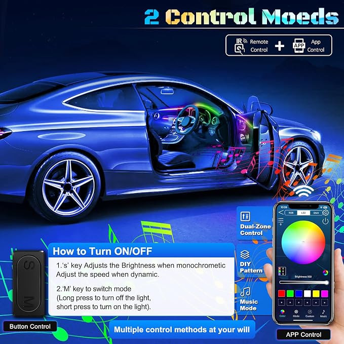 Dreamcolor Acrylic Interior Car LED Strip Light with Wireless APP, RGB 14 in 1 with 175 inches 593 Neon Car Ambient Lighting Kits, Dual Zone Music Sync LEDs Fiber Optic Strip Neon Lights for Car