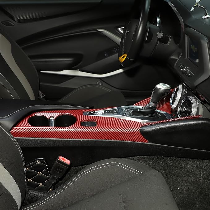 RT-TCZ Center Console Gear Shift Panel Trim Cover Cup Holder Frame Interior Decoration Kit Accessories for Chevrolet Camaro 2016-2022,Red Carbon Fiber