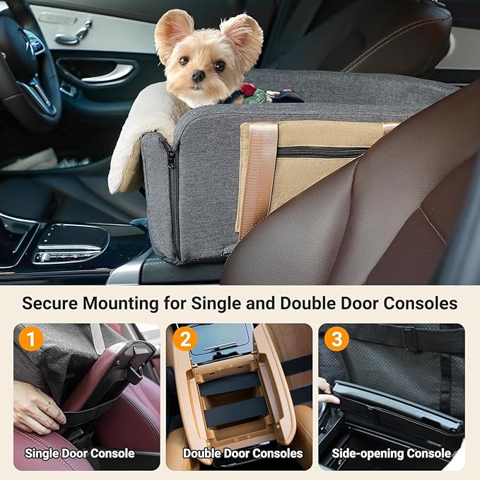 Console Dog Car Seat Cat Carrier - Pet Car Booster Seat on Cars' Armrest Travel Bags for Cats Dogs with Easy Carrying Strap Dog Travel Carrier with Safety Tethers