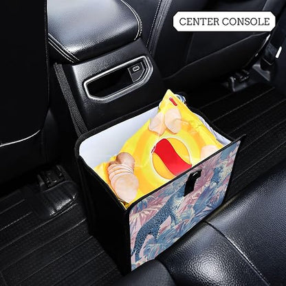 Car Trash Can Organizer Bin with Adjustable Strap for Back Front Seat Console Waterproof Leakproof Collapsible Portable 8.66 Inch Cute Cheetah and Palm Leaves