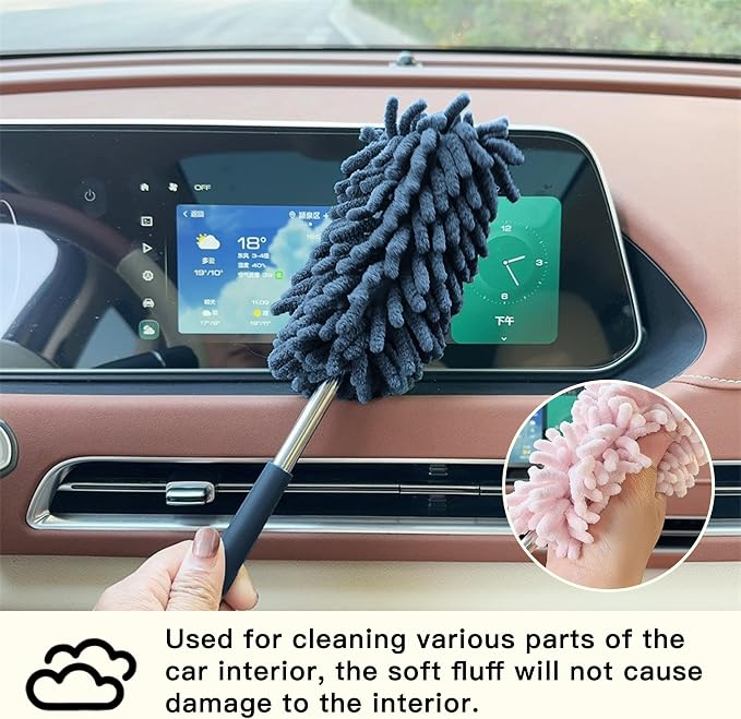 2PCS Car Interior Duster with Extension Pole, Microfiber Retractable Dusters Auto Dash Cleaning Tool, Soft Chenille Hand Washable Dusters for Vehicle Window Office Furniture (Blue)