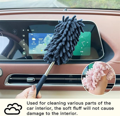 2PCS Car Interior Duster with Extension Pole, Microfiber Retractable Dusters Auto Dash Cleaning Tool, Soft Chenille Hand Washable Dusters for Vehicle Window Office Furniture (Blue)