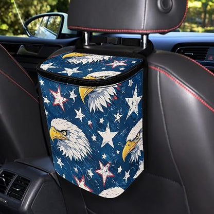 Talayituse Eagle American Flag Print Car Trash Bin, Large Size Auto Trash Can Adjustable Portable Garbage Can with Lid, Vehicle Hanging Bag for Headrest Front Back Seat 4th of July Decor
