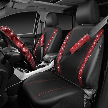 CAR PASS Leather Red Diamond Seat Cover Set, 11pcs Including Steering Wheel & Gear Cover, for Women, Universal Fit