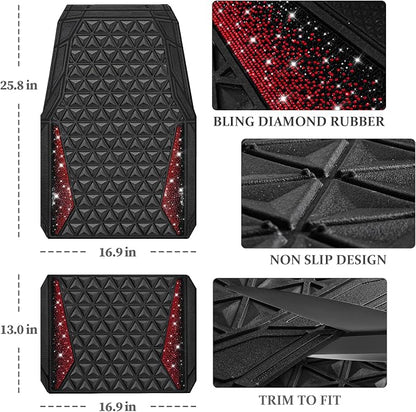 CAR PASS Bling Diamond Car Mats Rubber Floor Mats Full Set Anti-Slip 3D Rhombus Waterproof Trim to Fit Liner Universal Glitter Crystal Sparkly Shining Rhinestone Girl Women SUV Sedan Van, Black Red