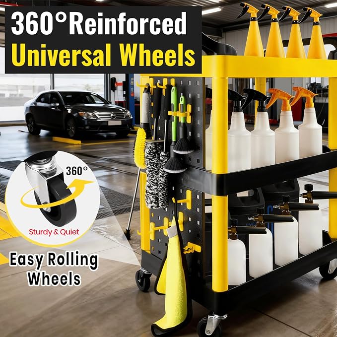 Auto Detailing Cart with Wheels, 3 Tier Car Detailing Cart with Hanging Boards & Hooks, Car Wash Rolling Organizer Cartfor Garage Workshop DIY Home
