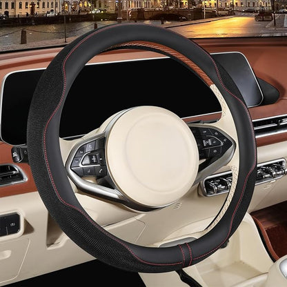 14 inch Steering Wheel Cover for Prius Civic, Nappa Microfiber Leather Non-Slip Breathable Fabric, Warm in Winter and Cool in Summer, Black Small 13.5 inch to 14 inch