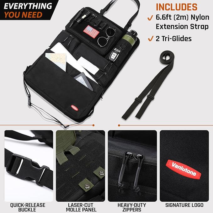 Tactical Seat Back Organizer - Heavy Duty MOLLE Panel Organizer with Multiple Pockets & Hook Loop Panel for EDC Gear, Road Trip Essentials, Universal Fit for Car SUV Truck Jeep Ford(Black)
