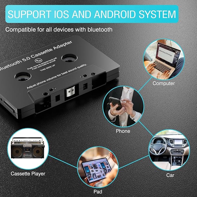 Car Audio Bluetooth 5.0 Cassette Receiver, Cassette Bluetooth Adapter for Car Tape Player, Wireless Cassette Aux Adapter with Hands-Free Calling, Universal Compatibility for Smartphones, Tablets