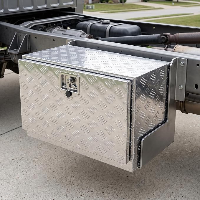 24“L x 17" W x 18" H Aluminum Underbody Truck Toolbox with Lock | Waterproof Square Truck Storage Organizer Chest for Pick Up Truck Bed, RV Trailer,Black,Tool Box with Lock