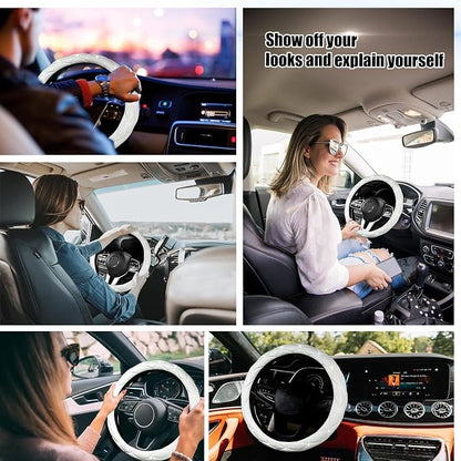 SuperKaKa Steering Wheel Cover, Auto Cute PU Diamond Bling Breathable Soft Comfort Leather Car Interior Accessories Sparkly Fit Most O-Shaped Steering Wheels for Women Men (White)