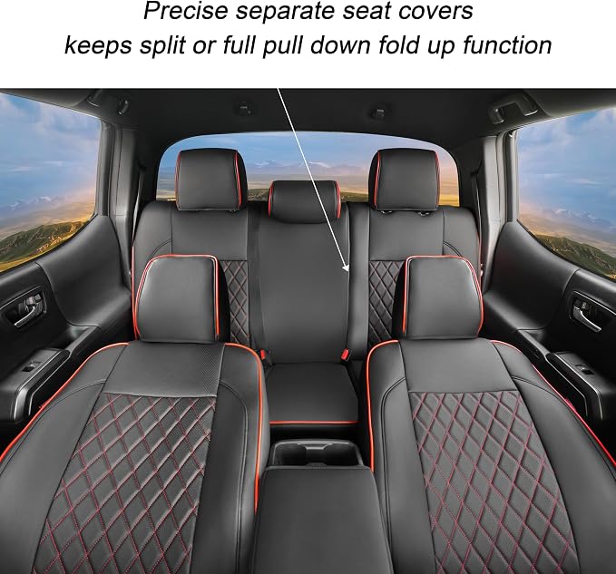 Lolcar Custom Fit Tacoma Car Seat Covers for Select Toyota Tacoma 2016 2017 2018 2019 2020 2021 2022 2023 Double Cab/Crew Cab -Full Set,Leather (Red Grid)