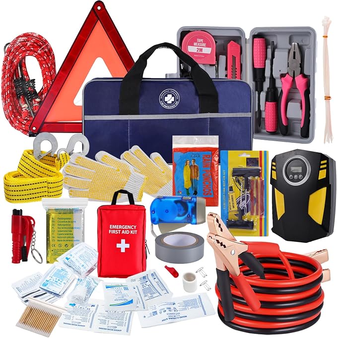 All-in-One Car Emergency Kit with Digital Tire Inflator, Jumper Cable, Tow Strap, Reflective Triangle, First Aid Kit, Hand Crank Flashlight, and Repair Tools for Roadside Safety (Blue)