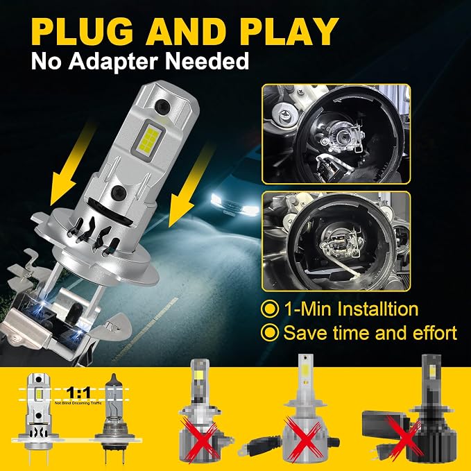 H7/H7LL LED Bulb Super Bright with Fan Cooling 800% 60000LM Brighness 1:1 Halogen Mini Size No Adapter Required H7/H18 for Fog Lights Pack of 2