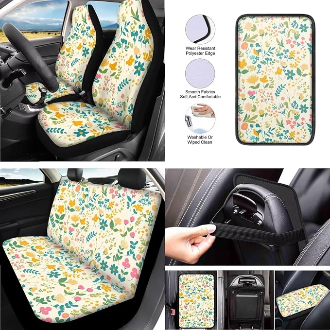 13 Pcs Wildflower Field Car Seat Covers for Women, Ditsy Flowers Botanical Steering Wheel Cover Seat Belt Cover French Countryside Cupholder Pad Keyring for Car SUV