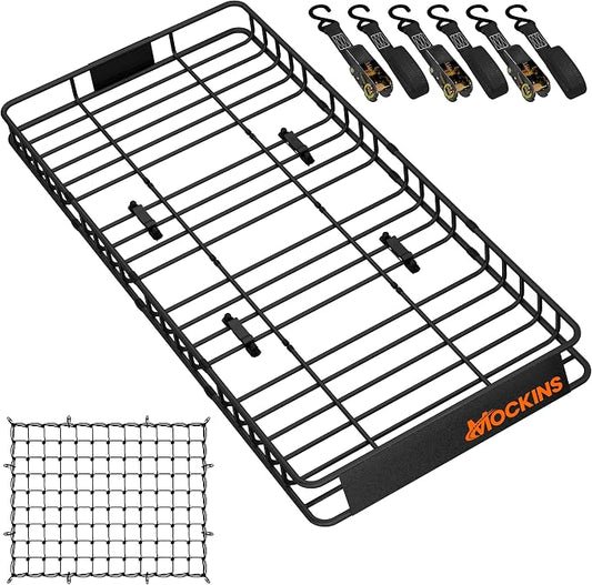 Mockins XL Extendable Roof Rack Cargo Carrier for Top of Vehicle Storage | 84"x39"x6" 250 Lbs Capacity Weatherproof Steel Roof Basket | Heavy Duty Car & SUV Rooftop Cargo Carrier Set w/ Straps & Net