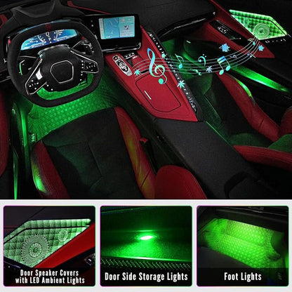 Door Speaker Relays Cover Trim w/Neon Accent Lights fit for C8 Corvette 2019-2024,LED Ambient Foot Lights,Atmosphere Door Storage Box Lamps,Voice APP Button Switching Control,RGB