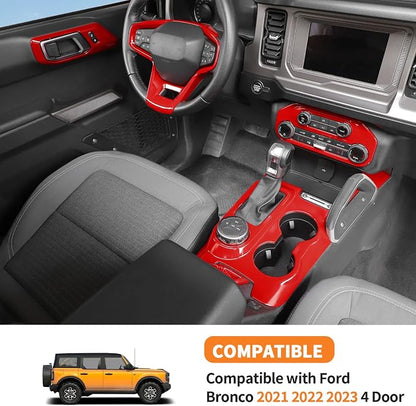 9PCS Full Set Interior Trim Kit Fit for Ford Bronco 2021-2024 4 Door,Center Console Gear Shift Panel Inner Door Handle (Red)