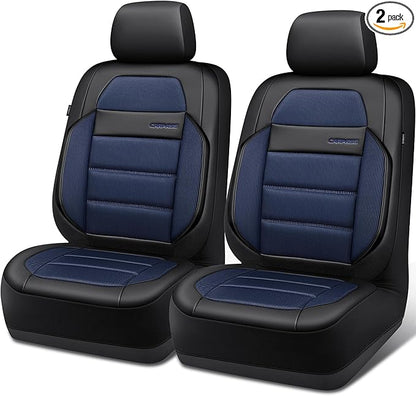 CAR PASS Memory Foam Seat Covers Front, Airy Cool Mesh Thick Car Seat Covers, Leather Car Seat Covers Front Seats Airbag Compatible, Universal Automotive Comfort for Most Cars, Trucks, SUV, Black Blue