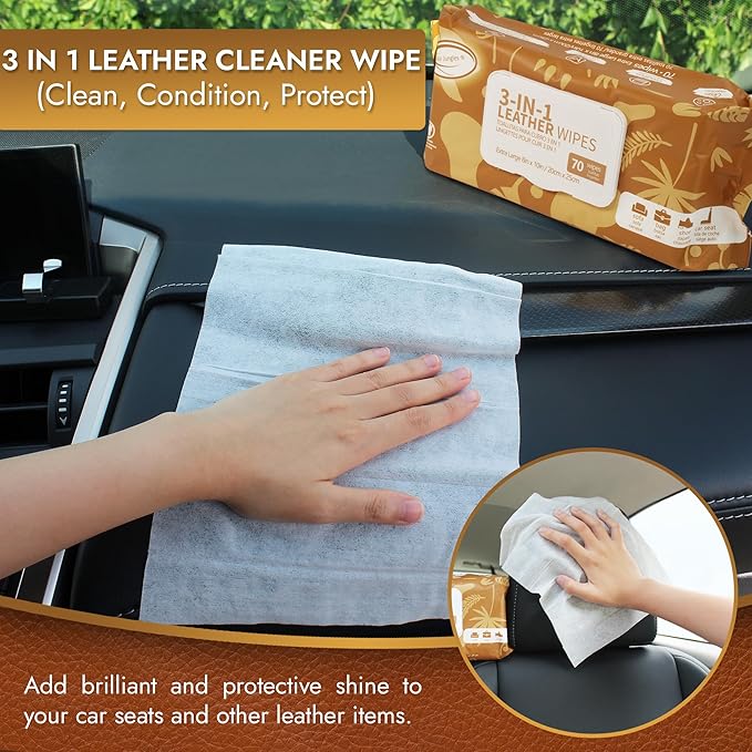 Air Jungles 3in1 Leather Cleaner Wipes 70 Count (Pack of 3), Extra Large 8" x 10" Size, Clean Condition Protect Wipes for Vinyl and Leather Apparel Furniture Auto Car Interior Shoes Boots Bags