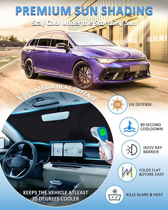 Sun Shade for VW Golf Windshield Sunshade Custom fit for 2022-2025 2026 VW Volkswagen Golf GTI/e-Golf/Golf R 4Door Hatchback Foldable Front Window Cover UV Bloker Sun Visor Protector
